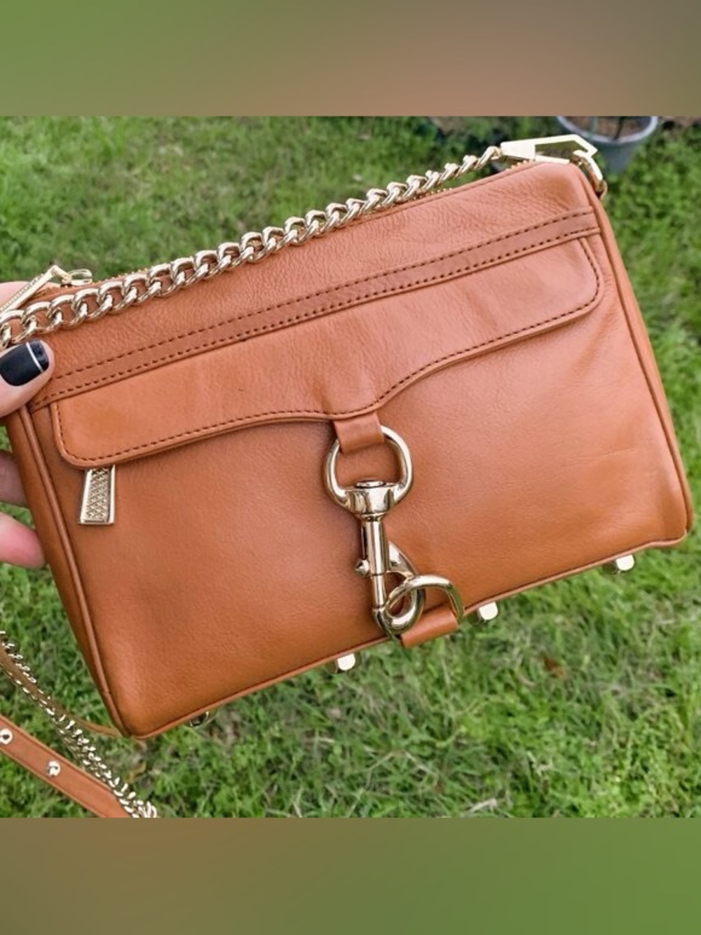 Rebecca Minkoff leather cognac tan Mini M.A.C. Crossbody with stud accents